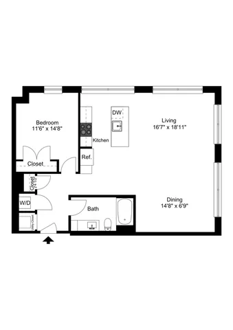 Modern floor plan featuring an open-concept living area, spacious bedroom, and efficient kitchen layout.