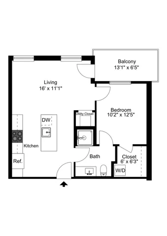 Modern 1-bedroom apartment floor plan with spacious living area, stylish kitchen, and private balcony.
