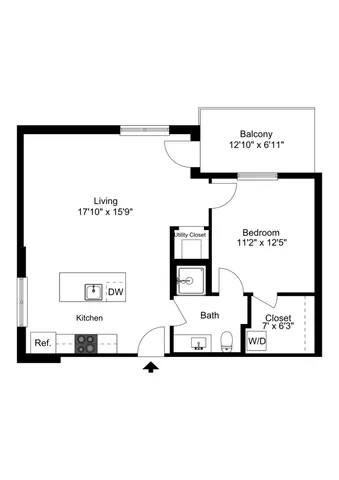 Modern floor plan showcasing a spacious 1-bedroom, expansive living and kitchen area, private balcony, and convenient utility closet.