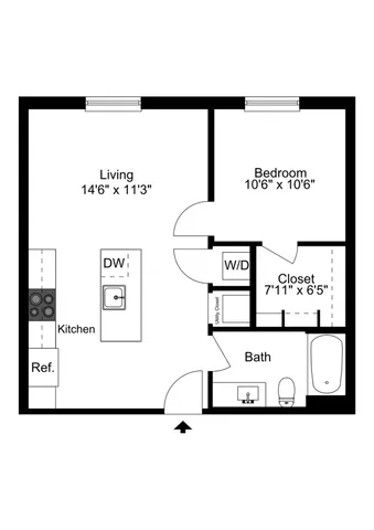 Elegant 2D floor plan featuring a spacious living area, modern kitchen with island, cozy bedroom, and ample closet space.