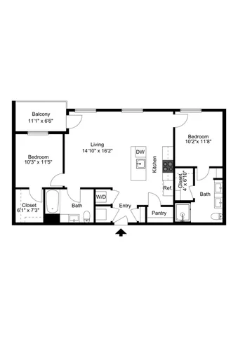 Modern 2D floor plan featuring 2 spacious bedrooms, open living area, stylish kitchen with island, and private balcony.