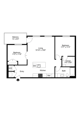 Modern 2-bedroom floor plan with spacious living room, stylish open kitchen, and inviting balcony.