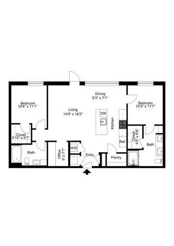 Modern floor plan showcasing two bedrooms, two bathrooms, spacious living area, office, and open dining with sleek kitchen design.