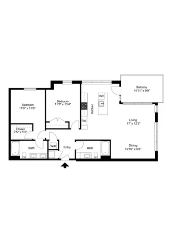 Modern floor plan showcasing 2 spacious bedrooms, an inviting living area, open kitchen concept, and a large balcony.