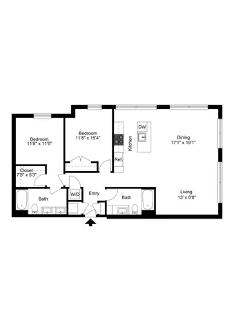Contemporary floor plan showcasing two spacious bedrooms, dual baths, an open dining and living area, and a modern kitchen with appliances.