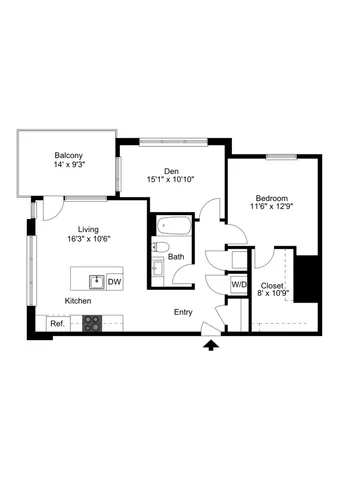 Modern 1-bedroom floor plan featuring a spacious den, open-concept kitchen and living area with balcony access, generous closet space, and convenient in-unit washer and dryer.