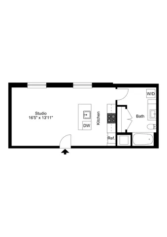 Modern studio apartment floor plan showcasing an expansive open-layout with a kitchenette and cozy bath, complemented by an in-unit washer dryer.