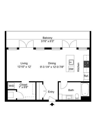 Modern floor plan featuring an open-concept living and dining area, sleek kitchen, cozy balcony, and efficient closet space.