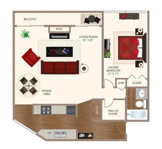 Chic 2D floor plan featuring a spacious master bedroom, open-concept living and dining area, modern kitchen, and inviting balcony.