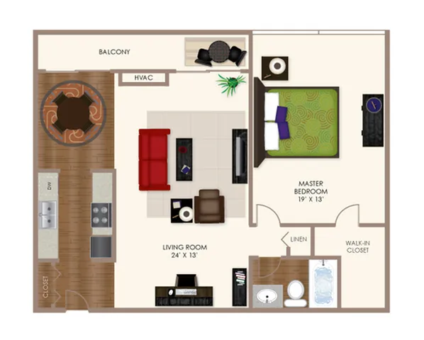 Modern 1-bedroom floor plan featuring a spacious living room, stylish kitchen, and private balcony.