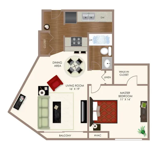 Contemporary floor plan showcasing an elegant master bedroom, open living and dining area, modern kitchen, and balcony access.