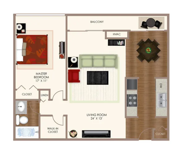 Charming floor plan showcasing a spacious master bedroom, open-concept living room, sleek kitchen, and a cozy balcony.
