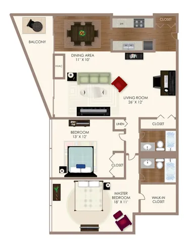 Modern apartment floor plan featuring a spacious living room, two bedrooms, a walk-in closet, dining area, kitchen, and a cozy balcony.