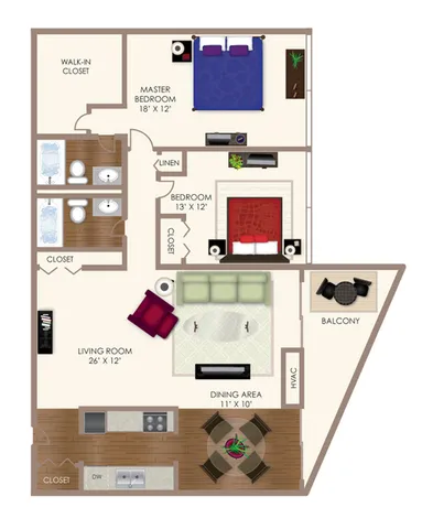 Contemporary floor plan featuring a spacious master bedroom with walk-in closet, cozy second bedroom, and expansive living room opening to a balcony. Includes a modern kitchen and dining area, perfect for comfortable living.