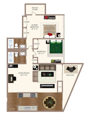 Elegant 2D floor plan showcasing a spacious layout with 2 bedrooms, master suite with walk-in closet, expansive living room, modern kitchen, and a private balcony.