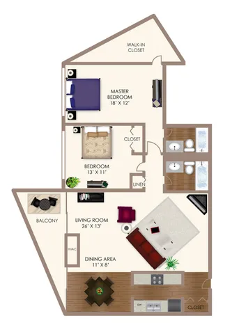 Modern 2D floor plan of a stylish apartment featuring a master bedroom with a walk-in closet, additional bedroom, spacious living room, open dining area, and a cozy balcony.