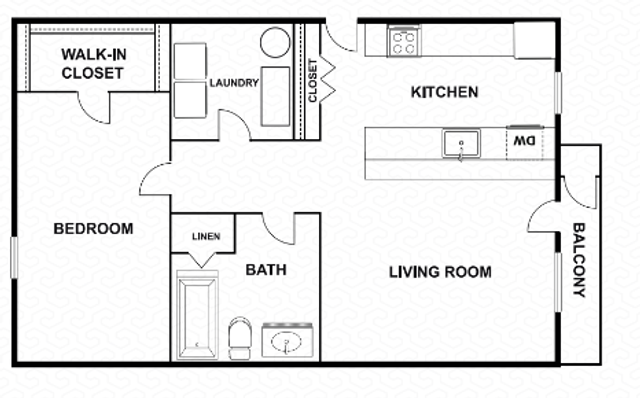 Chic floor plan showcasing a spacious bedroom with walk-in closet, modern kitchen with island, and inviting living room with balcony access.