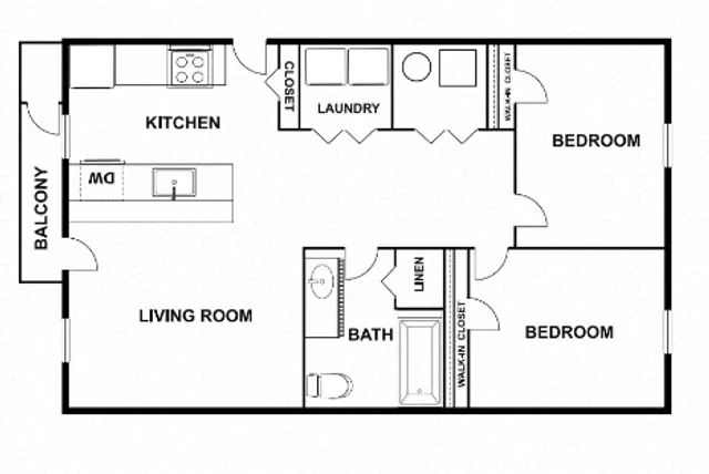 Contemporary floor plan showcasing 2 cozy bedrooms, a modern kitchen with island, spacious living room, bath, laundry, and a private balcony.