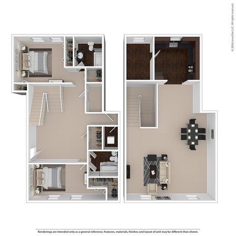 Elegant multi-level floor plan featuring two bedrooms, two bathrooms, spacious living area, and a modern kitchen with dining space.