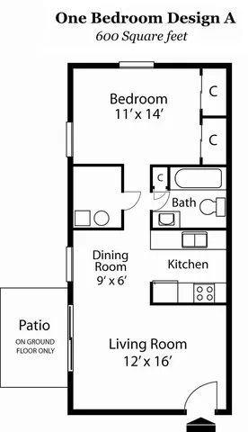 Charming one-bedroom floor plan with a spacious living room, cozy dining area, fully-equipped kitchen, and exclusive patio.