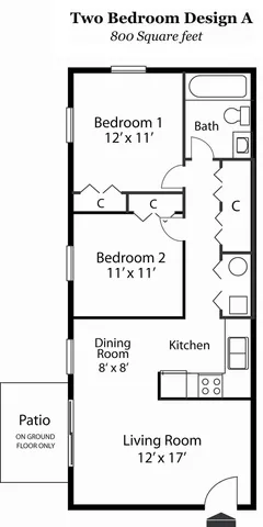Elegant floor plan featuring two bedrooms, a spacious living room, and a modern kitchen. Includes a dedicated dining area and a cozy patio.