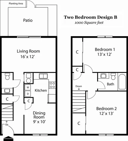 Modern two-bedroom floor plan with a spacious living room, elegant dining area, and serene patio.