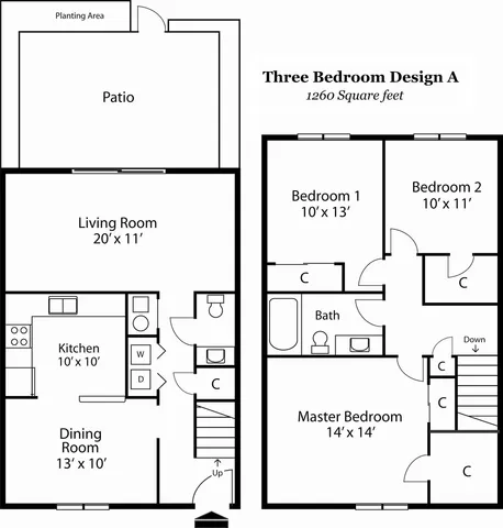 Elegant three bedroom floor plan.  Includes a spacious living and dining area, kitchen, patio with planting area, and three cozy bedrooms with ample closet space.