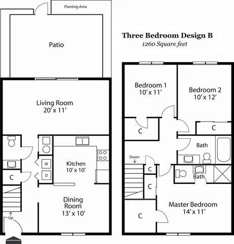 Elegant floor plan for a three-bedroom apartment featuring spacious living and dining areas, modern kitchen, and dual bathrooms. Enjoy outdoor relaxation in the personal patio and planting area.