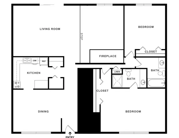 Modern floor plan showcasing spacious living room with fireplace, two bedrooms, two baths, and a sleek kitchen adjoining a dining area.