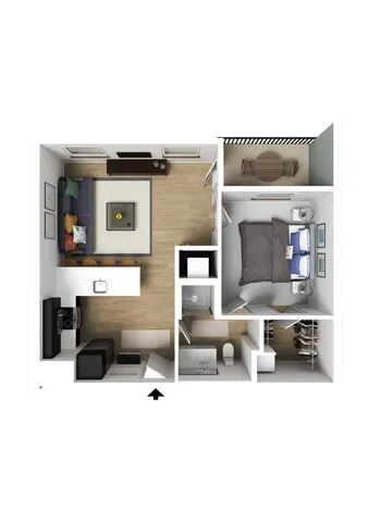 Contemporary 1-bedroom apartment floor plan featuring an open-concept living area, modern kitchen, stylish bathroom, and cozy outdoor patio.