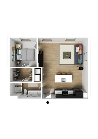 Modern 1 bedroom apartment floor plan with open-concept living room and kitchen, featuring a cozy bed, spacious bathroom, and walk-in closet.