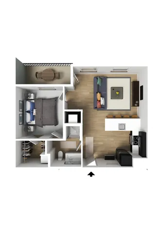 Modern 1-bedroom apartment floor plan featuring an open living space, sleek kitchen with island, cozy bedroom, and private balcony.