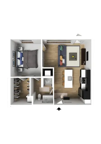 Modern 2D floor plan showcasing an inviting one-bedroom apartment with an open-concept kitchen and living area, spacious walk-in closet, and elegant bathroom design.
