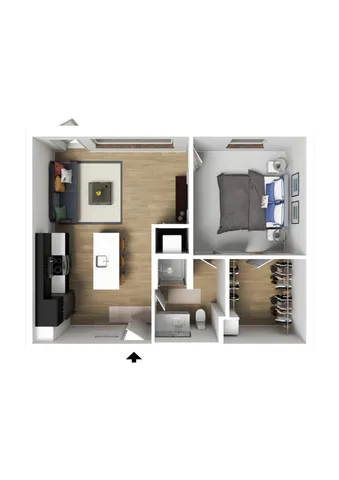 Chic 1-bedroom apartment layout with open-plan living room, modern kitchen island, and spacious walk-in closet.