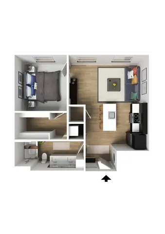 Modern 3D floor plan with one bedroom, stylish bathroom, open kitchen-living area, and sleek hardwood floors.