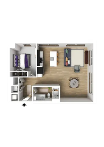 Modern apartment floor plan showcasing a spacious bedroom, open-concept living area, and sleek kitchen with island seating.