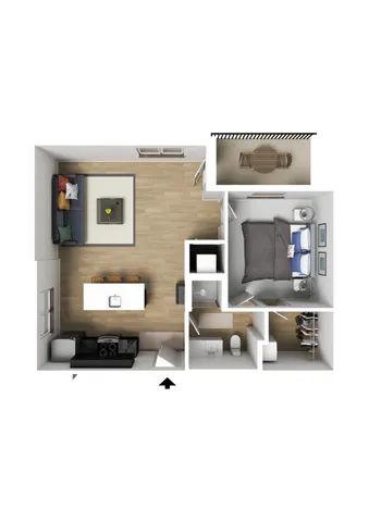 Modern floor plan featuring an open-concept living area with kitchen island, cozy bedroom, elegant bathroom, and a private balcony.