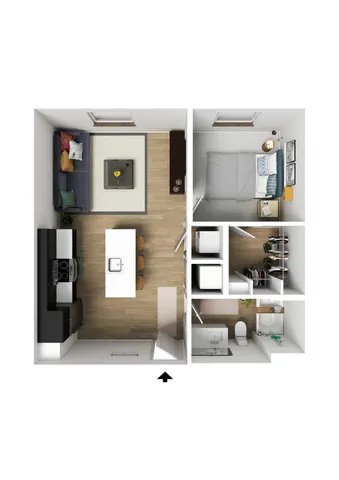 Modern 2D floor plan showcasing a cozy one-bedroom layout with an open-concept living and kitchen area, stylish bathroom, and ample closet space.