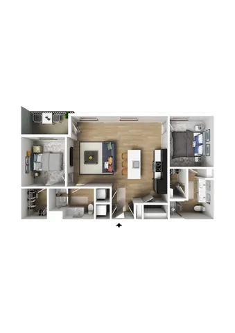 Modern 3D floor plan illustrating a sleek two-bedroom apartment with an open-concept kitchen and living room, boasting stylish interiors and a private outdoor balcony.