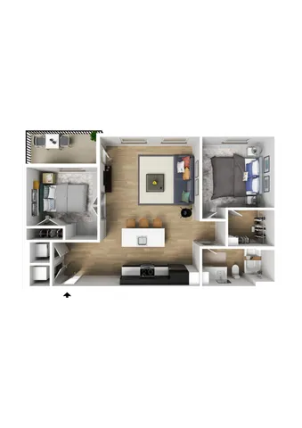 Modern 3D floor plan featuring 2 bedrooms, an inviting open-concept living area, stylish kitchen with island, and a cozy balcony.