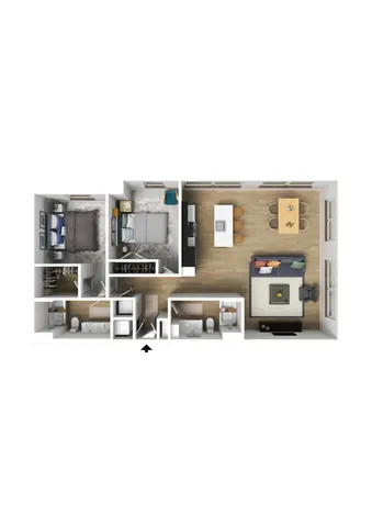 Modern apartment floor plan showcasing 2 bedrooms, an open-concept kitchen with island seating, and a stylish living area.