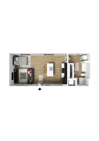 Modern open-concept studio apartment floor plan featuring a cozy bedroom, stylish living area, sleek kitchen, and compact bathroom layout.