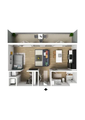 Modern open-concept studio apartment floor plan with a stylish kitchen, cozy living area, spacious balcony, and elegant bathroom.