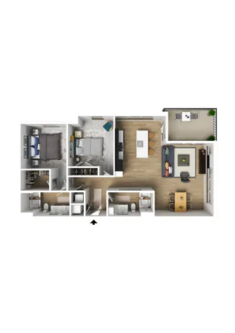 Modern 3D floor plan showcasing 2 bedrooms, 2 bathrooms, an inviting open kitchen with island seating, and a cozy living room with balcony access.