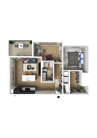 Modern 3D floor plan featuring a cozy 1-bedroom layout, stylish open-concept living area, and a chic outdoor patio space.