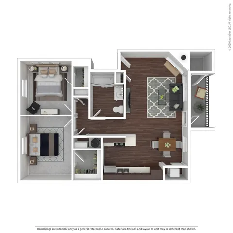 Modern 3D floor plan with 1 bedroom, spacious open living and dining area, sleek kitchen, and cozy private balcony.