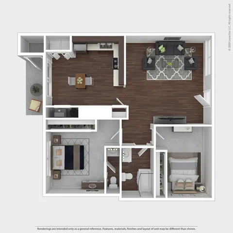 Elegant apartment floor plan showcasing 2 bedrooms, a stylish open kitchen, and a spacious living area with modern decor.