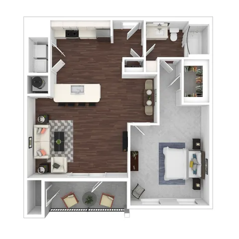Modern apartment floor plan illustrating a spacious one-bedroom layout with an open-concept kitchen and living room, stylish bathroom, and a cozy balcony for relaxation.