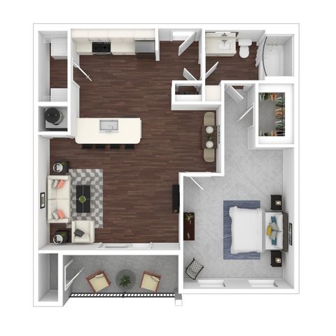 Modern floor plan showcasing a spacious 1-bedroom apartment with open-concept kitchen, inviting living area, and stylish balcony.