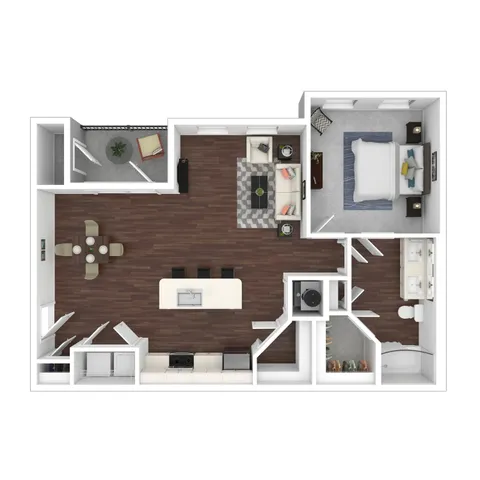 Modern 3D floor plan showcasing 1 spacious bedroom, an open-concept living and dining area, sleek kitchen, and luxurious bathroom.
